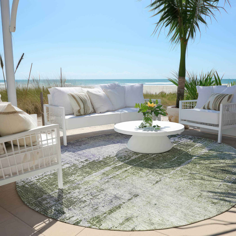 8' Olive Green And Purple Round Abstract Washable Indoor Outdoor Area Rug