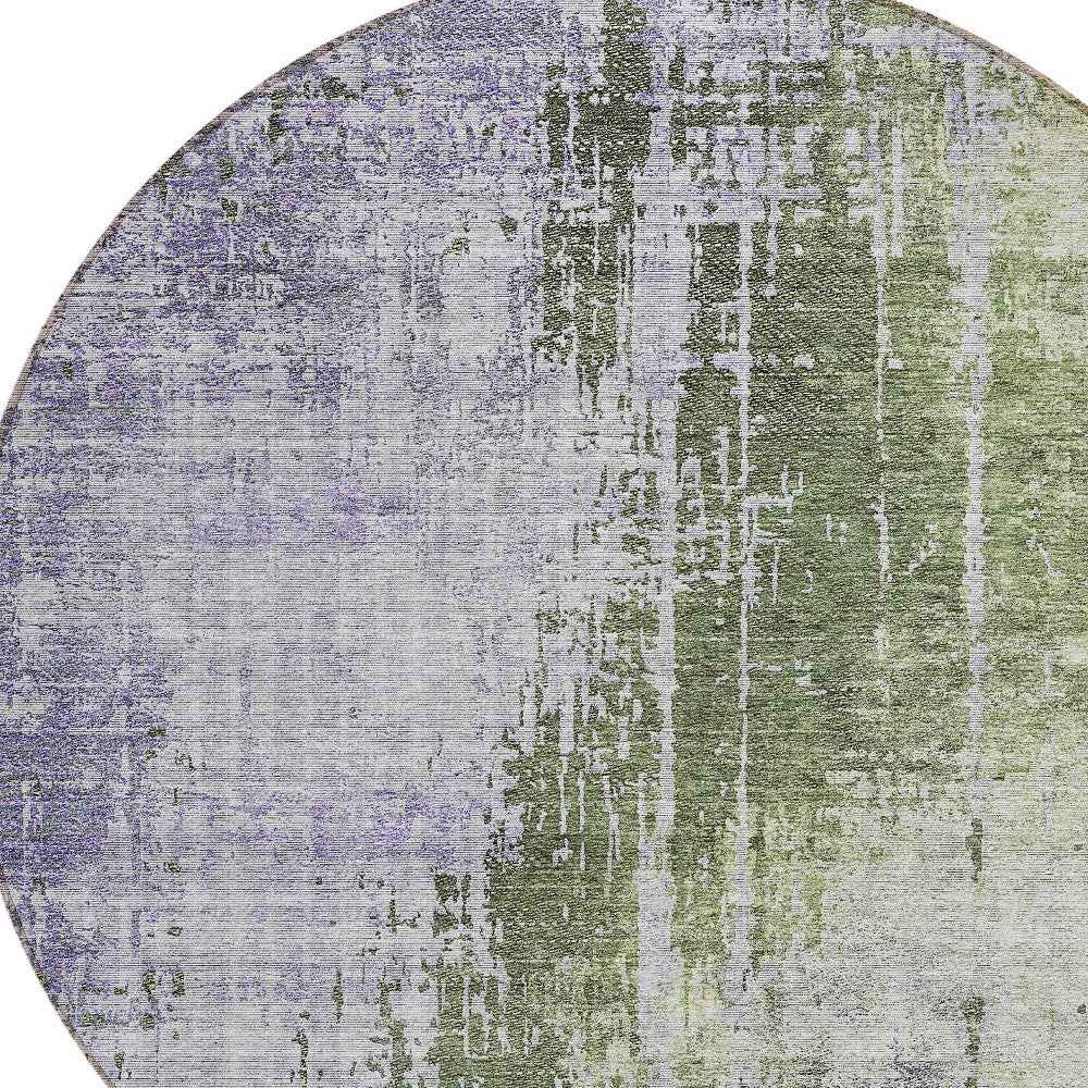 8' Olive Green And Purple Round Abstract Washable Indoor Outdoor Area Rug