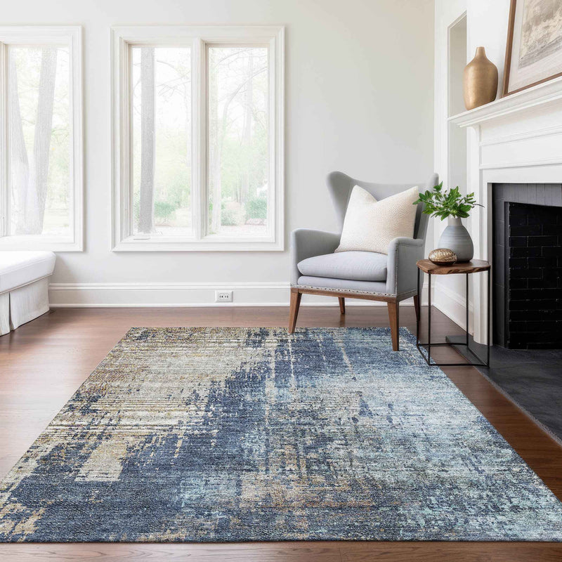 10' X 14' Navy Blue And Taupe Abstract Washable Indoor Outdoor Area Rug