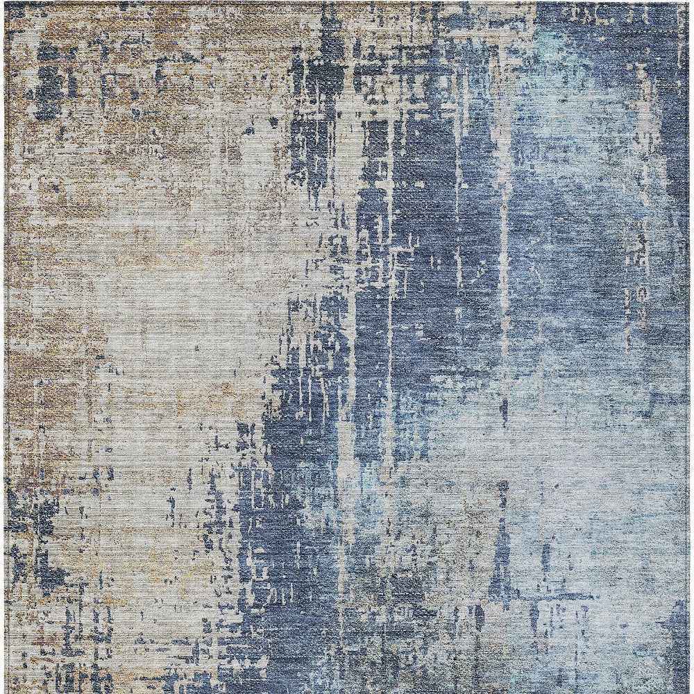10' X 14' Navy Blue And Taupe Abstract Washable Indoor Outdoor Area Rug
