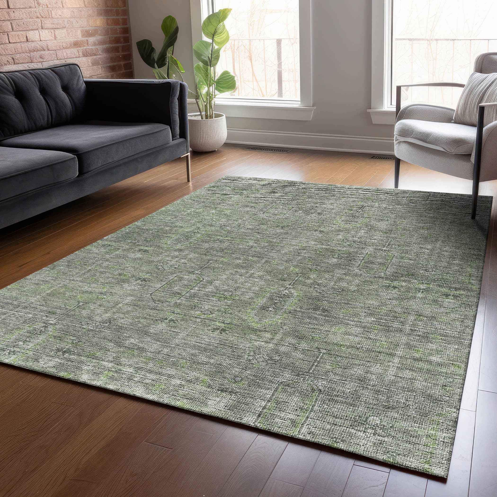 8' X 10' Fern Green And Gray Southwestern Washable Indoor Outdoor Area Rug