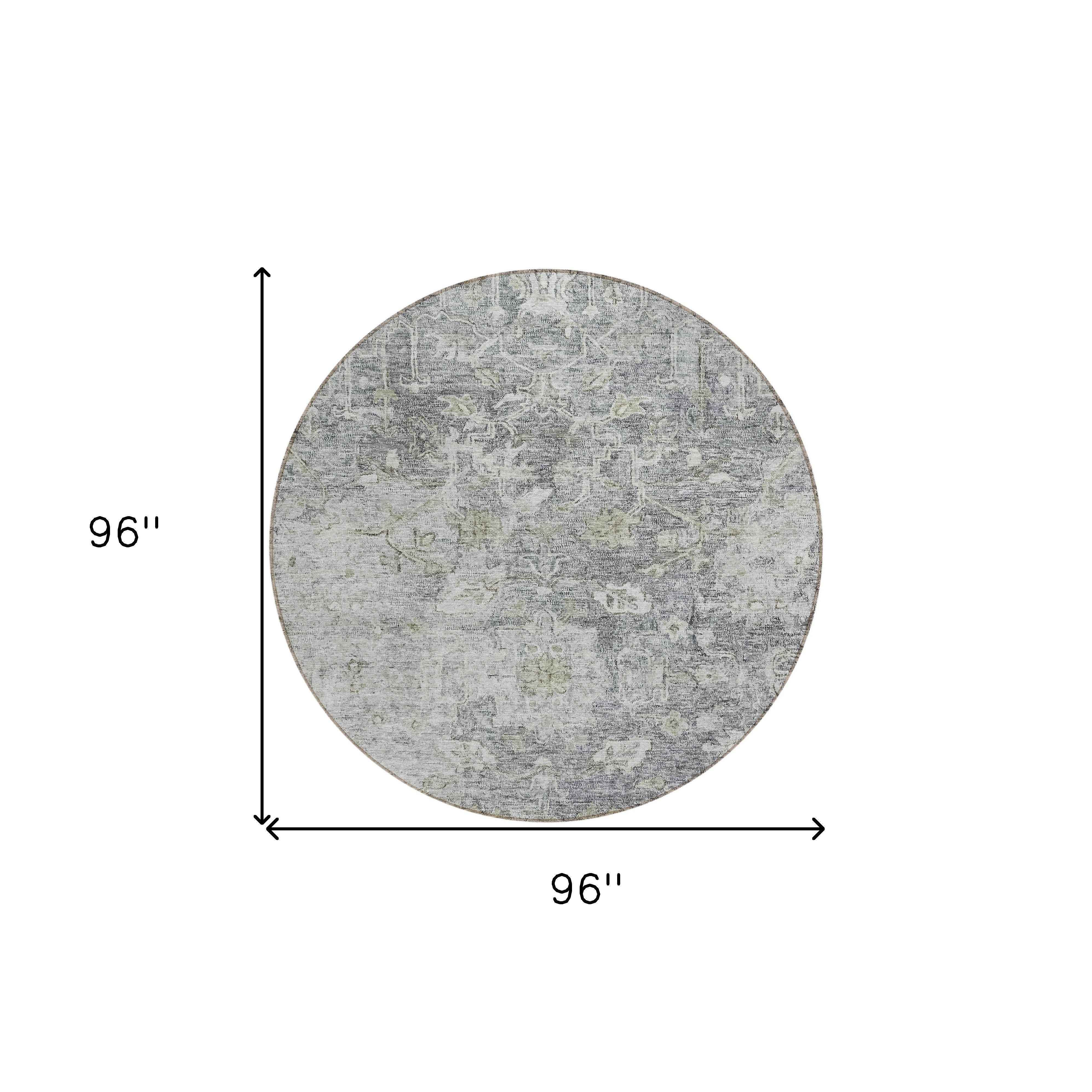 8' Gray Beige And Charcoal Round Oriental Washable Indoor Outdoor Area Rug
