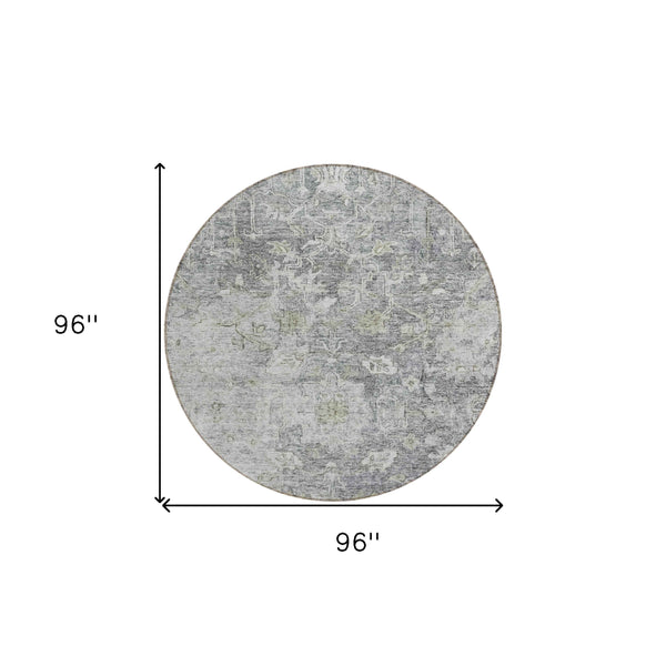 8' Gray Beige And Charcoal Round Oriental Washable Indoor Outdoor Area Rug