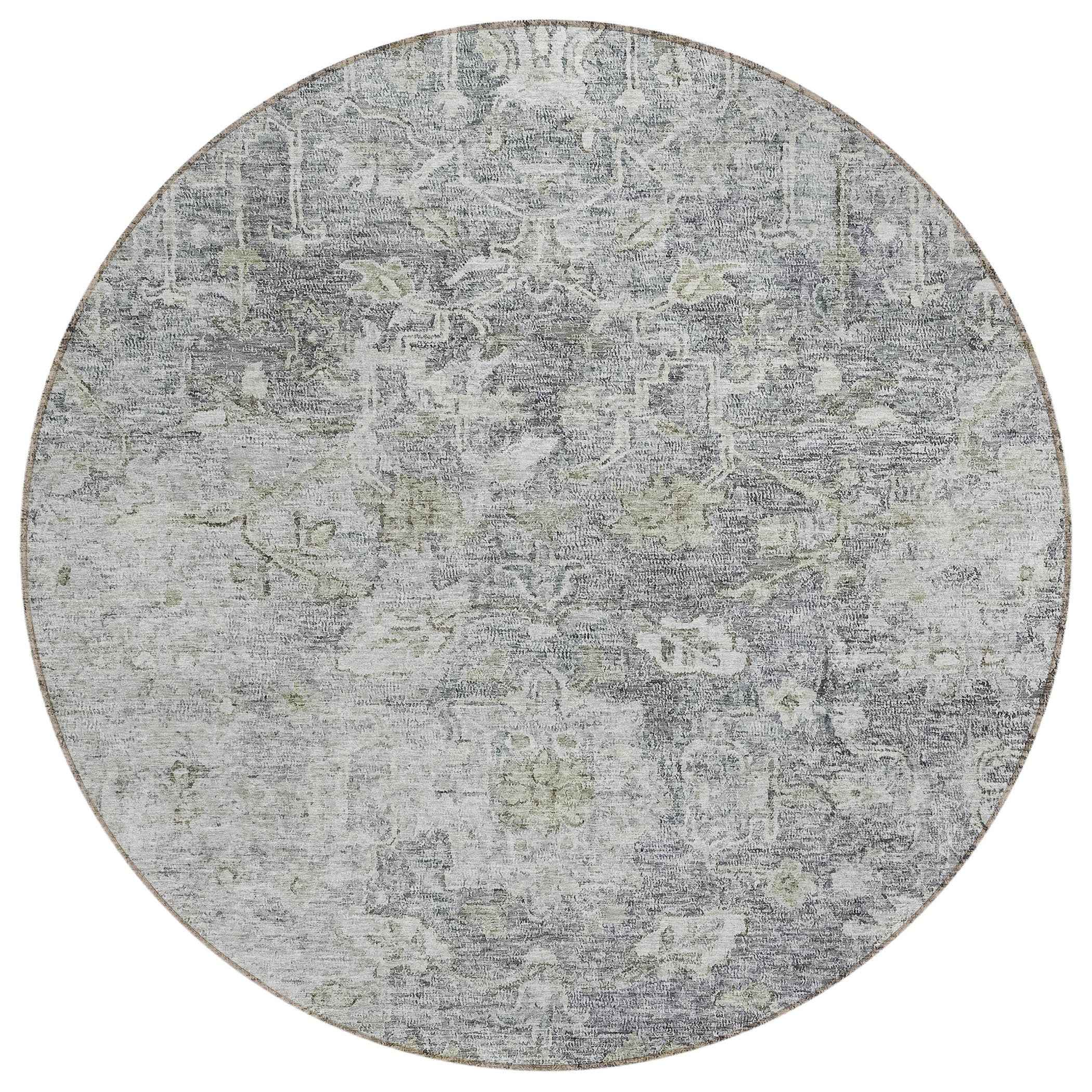 8' Gray Beige And Charcoal Round Oriental Washable Indoor Outdoor Area Rug