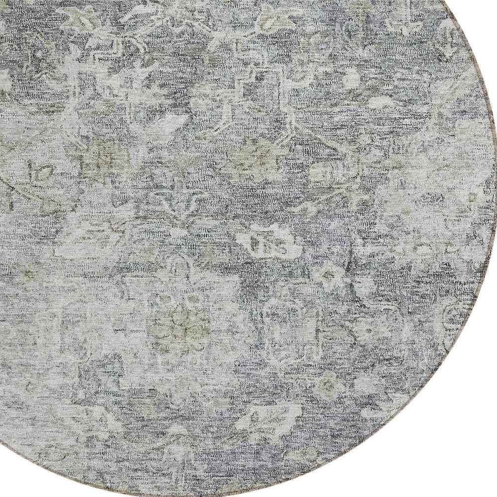 8' Gray Beige And Charcoal Round Oriental Washable Indoor Outdoor Area Rug