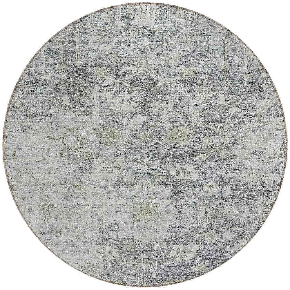 8' Gray Beige And Charcoal Round Oriental Washable Indoor Outdoor Area Rug