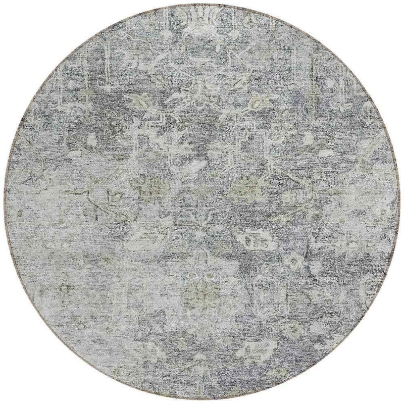8' Gray Beige And Charcoal Round Oriental Washable Indoor Outdoor Area Rug