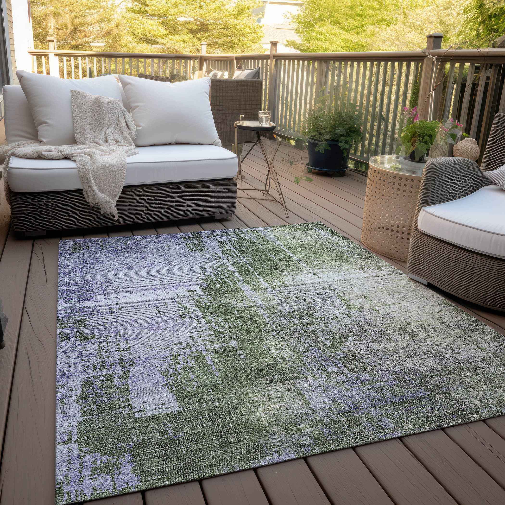 8' X 10' Olive Green And Purple Abstract Washable Indoor Outdoor Area Rug