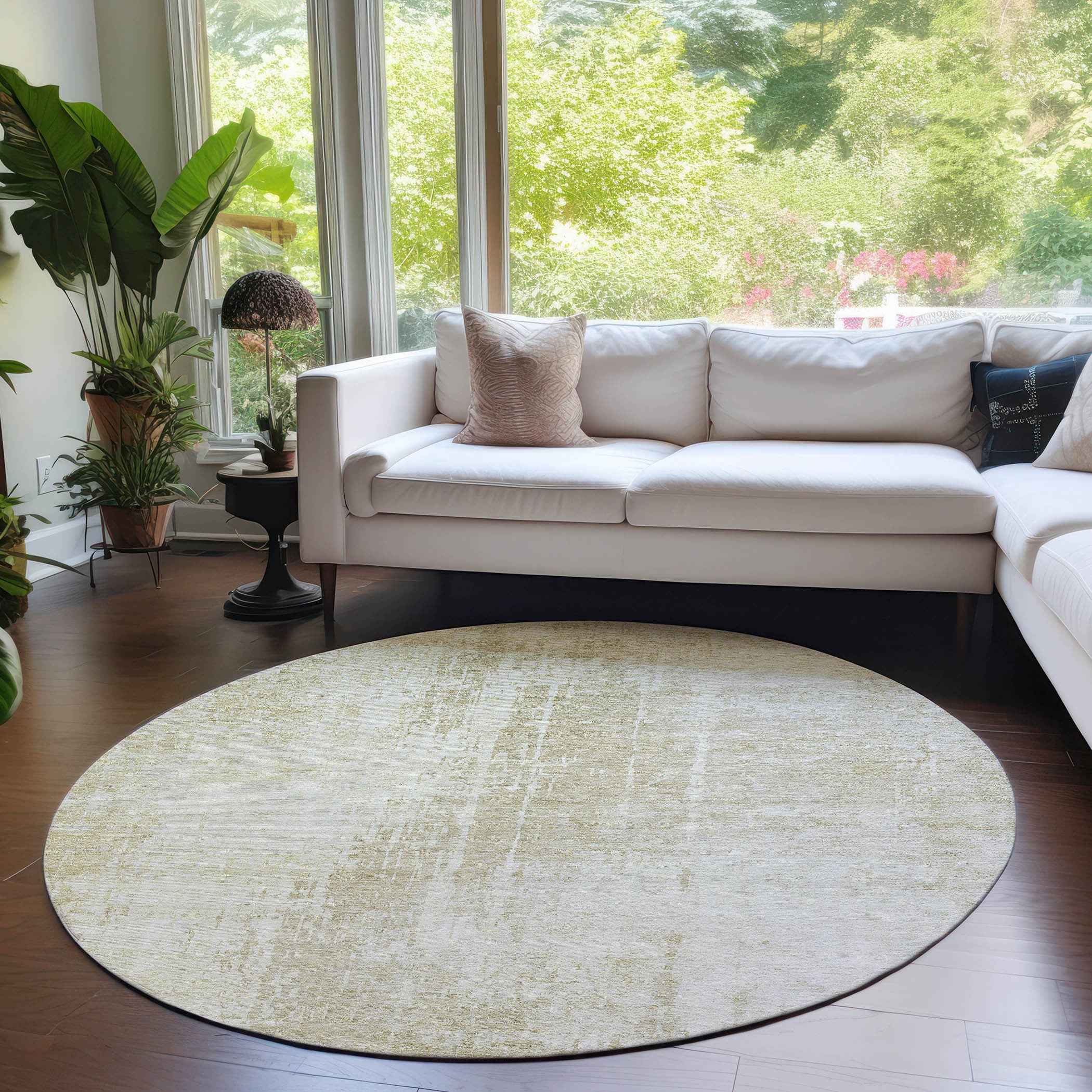 8' Beige And Taupe Round Abstract Washable Indoor Outdoor Area Rug