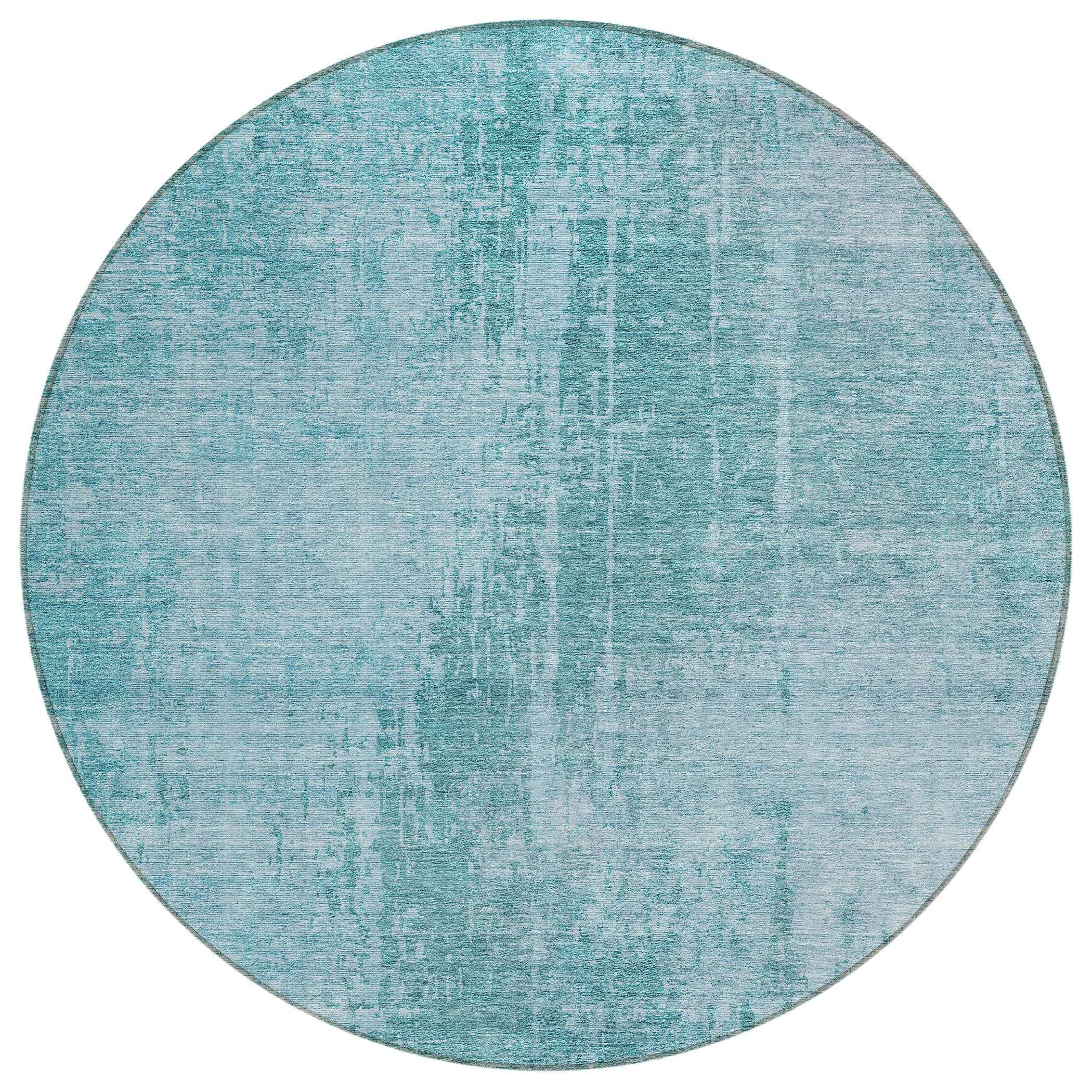 8' Aqua Teal Blue And Gray Round Abstract Washable Indoor Outdoor Area Rug