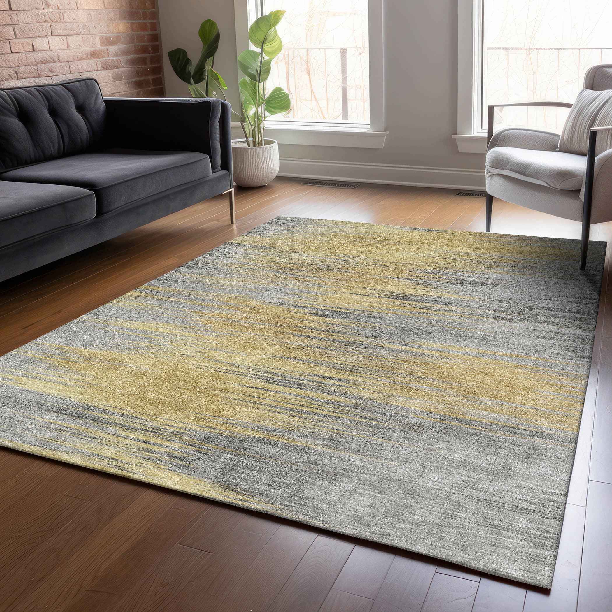 5' X 8' Gold Gray And Charcoal Abstract Washable Indoor Outdoor Area Rug