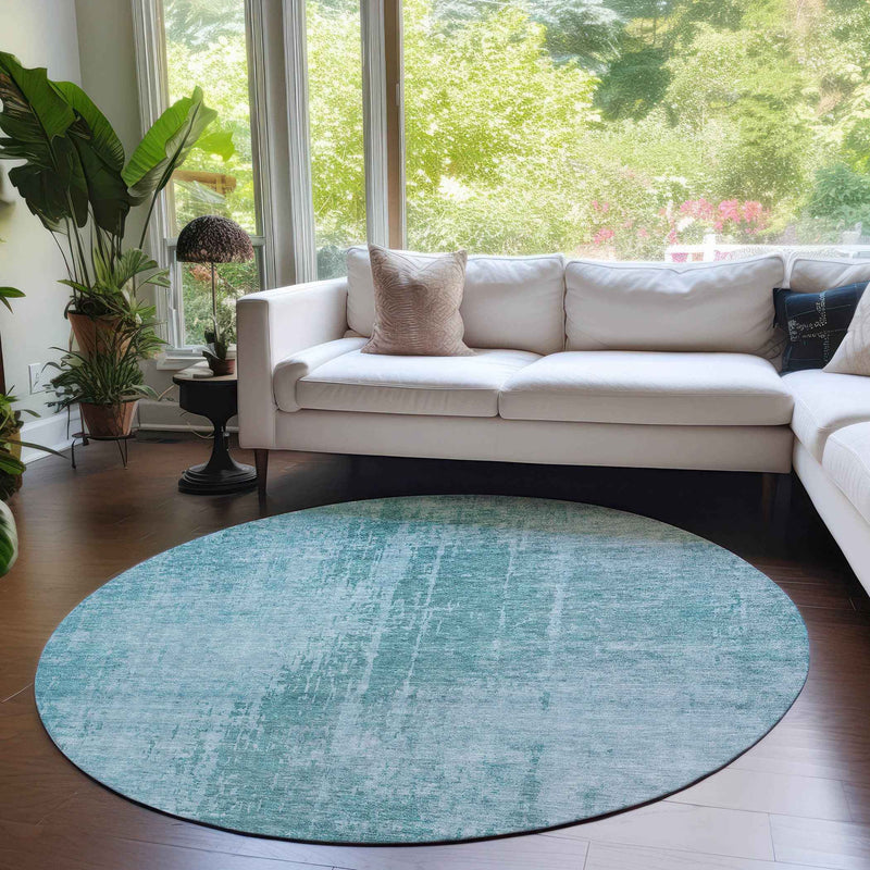 8' Aqua Teal Blue And Gray Round Abstract Washable Indoor Outdoor Area Rug