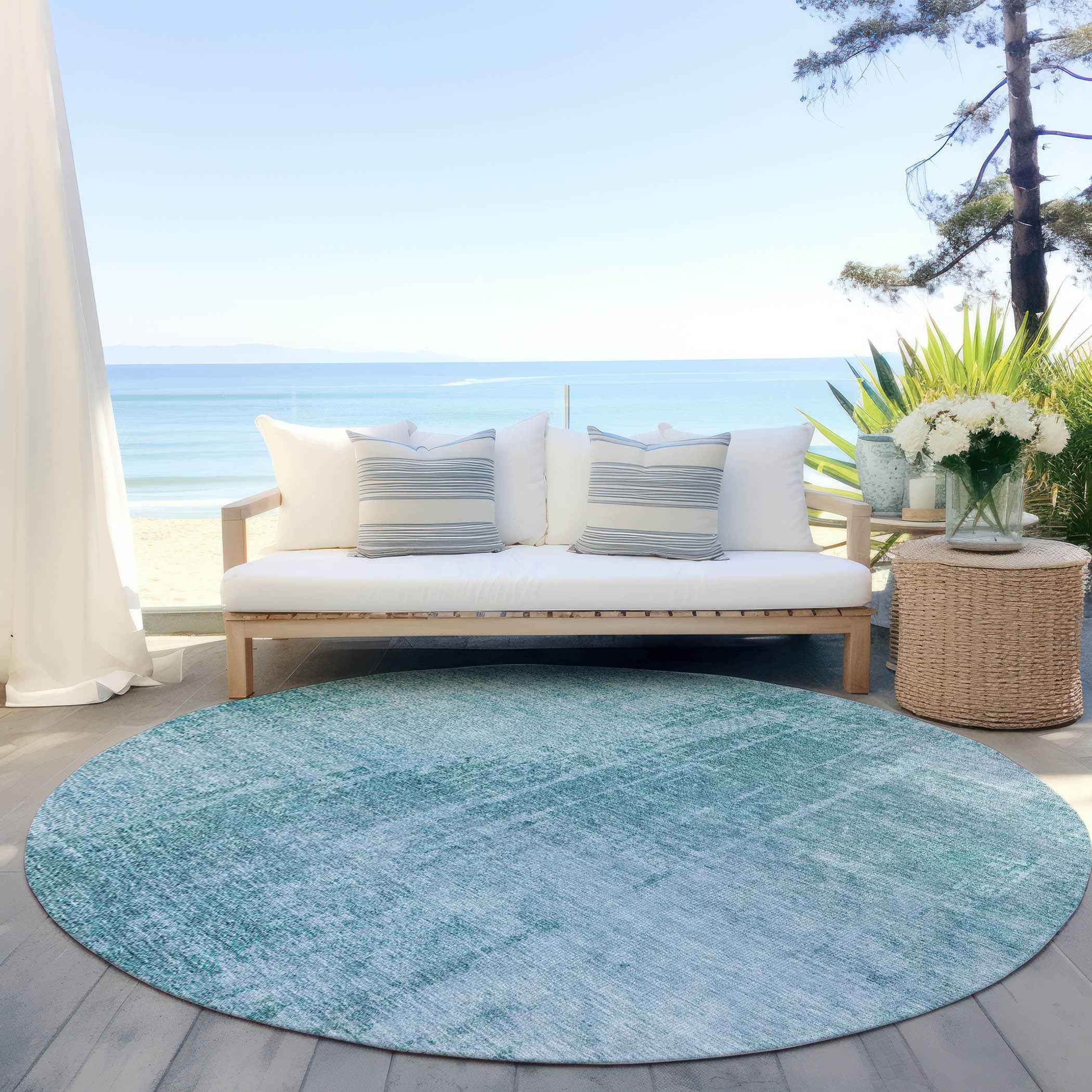 8' Aqua Teal Blue And Gray Round Abstract Washable Indoor Outdoor Area Rug