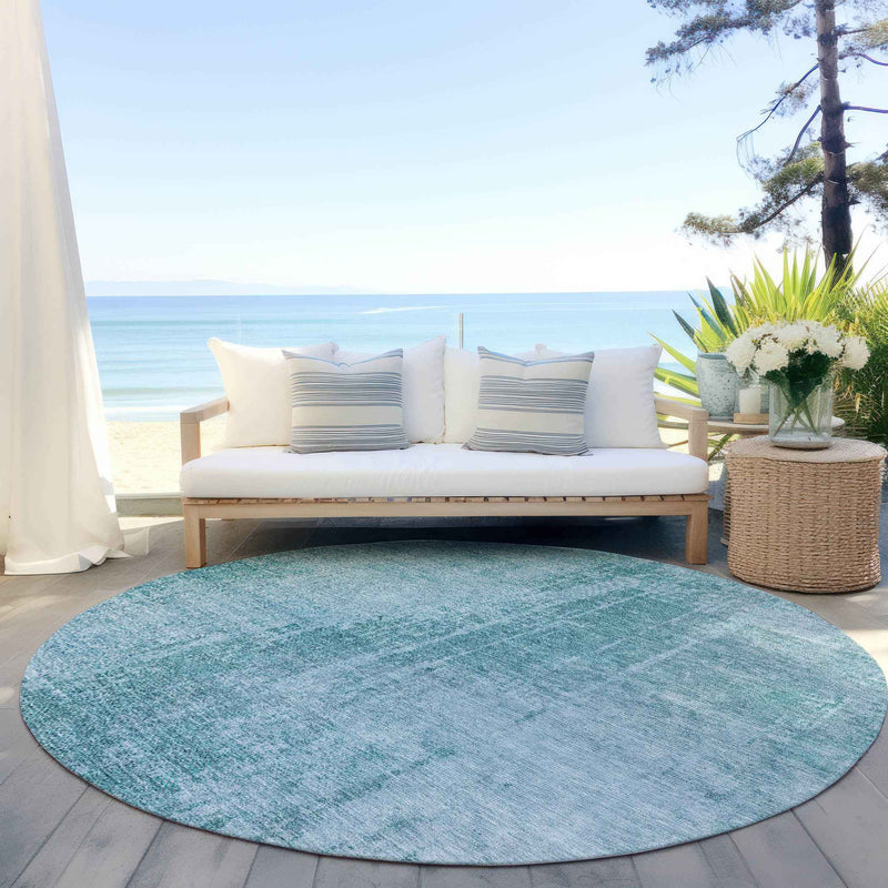 8' Aqua Teal Blue And Gray Round Abstract Washable Indoor Outdoor Area Rug