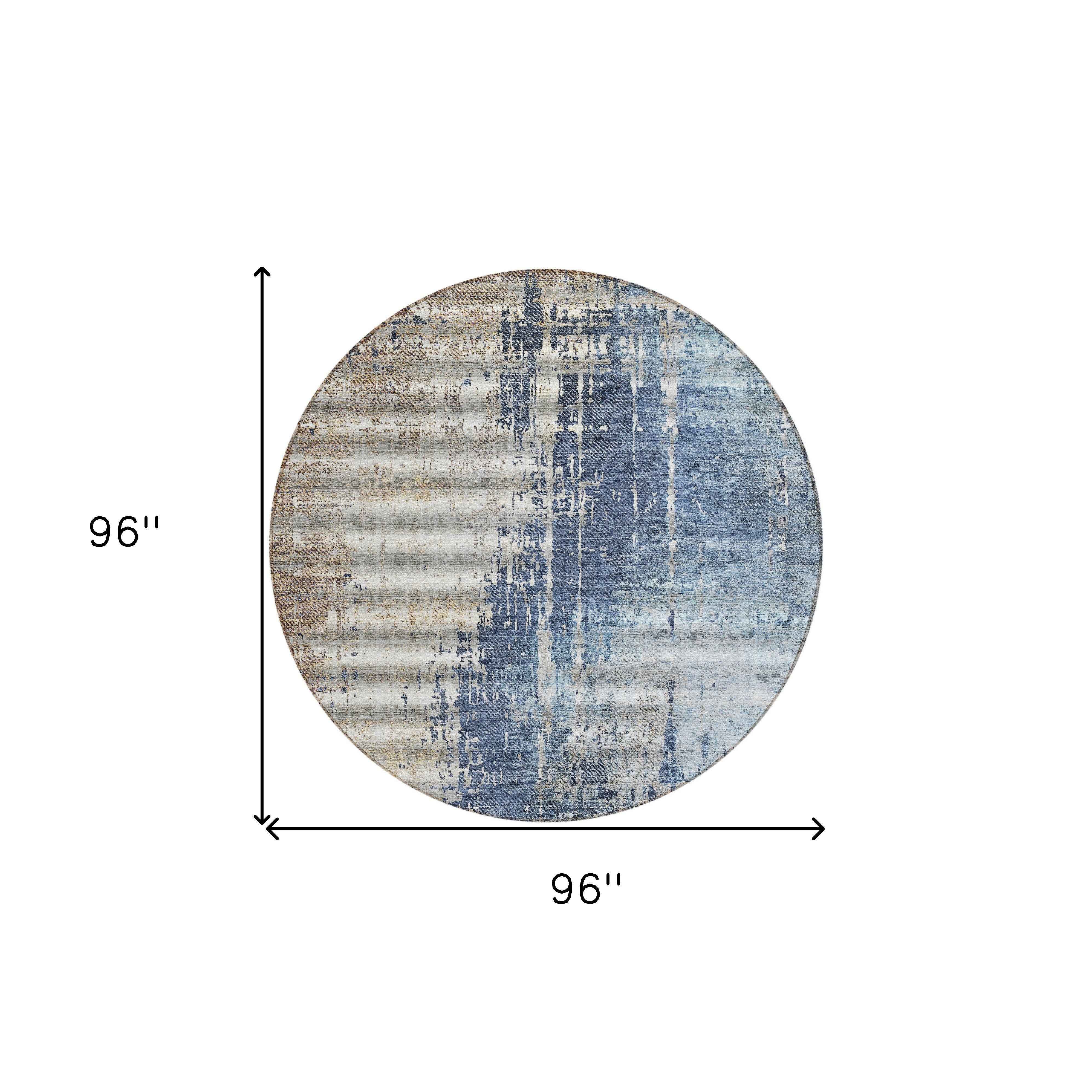 8' Navy Blue And Taupe Round Abstract Washable Indoor Outdoor Area Rug