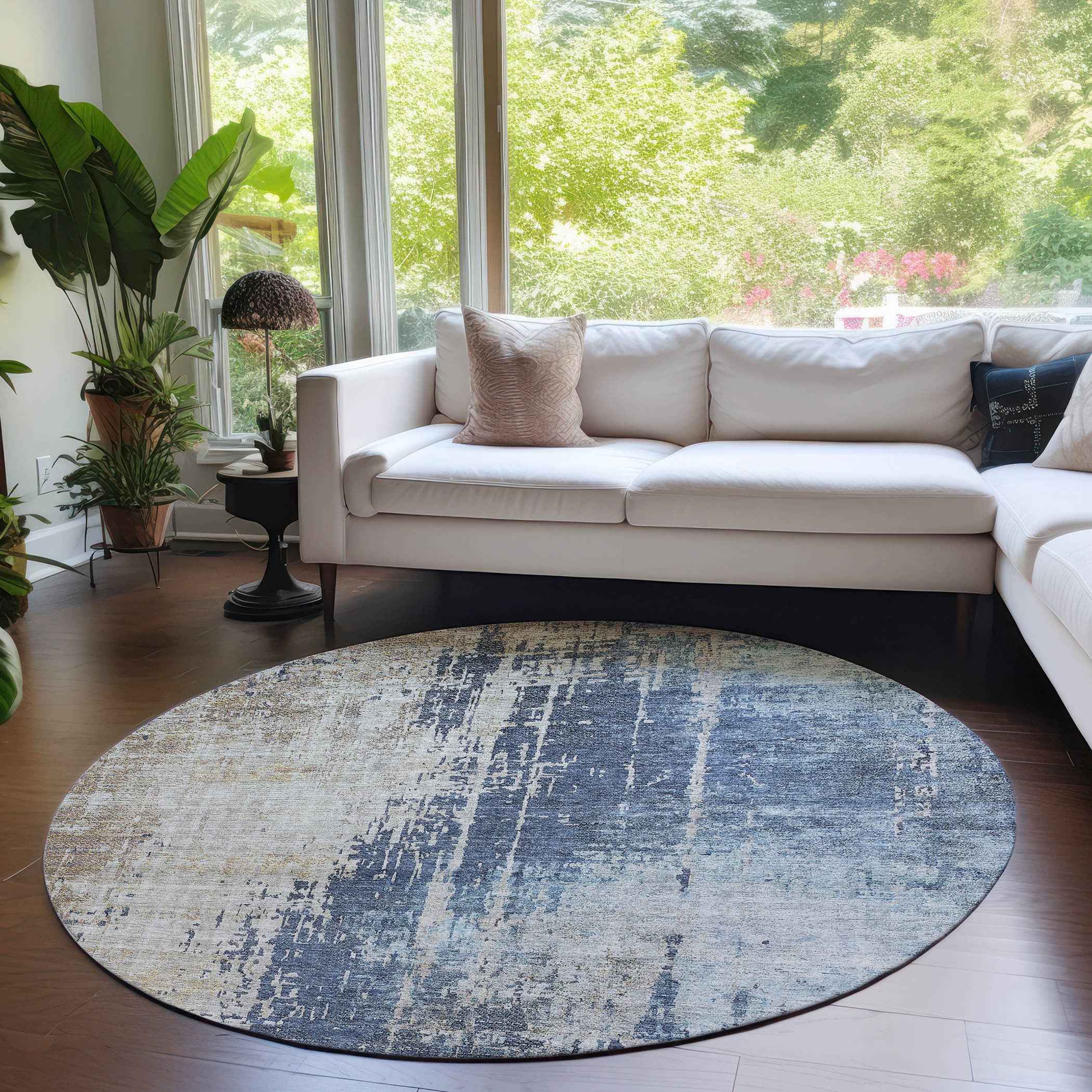 8' Navy Blue And Taupe Round Abstract Washable Indoor Outdoor Area Rug