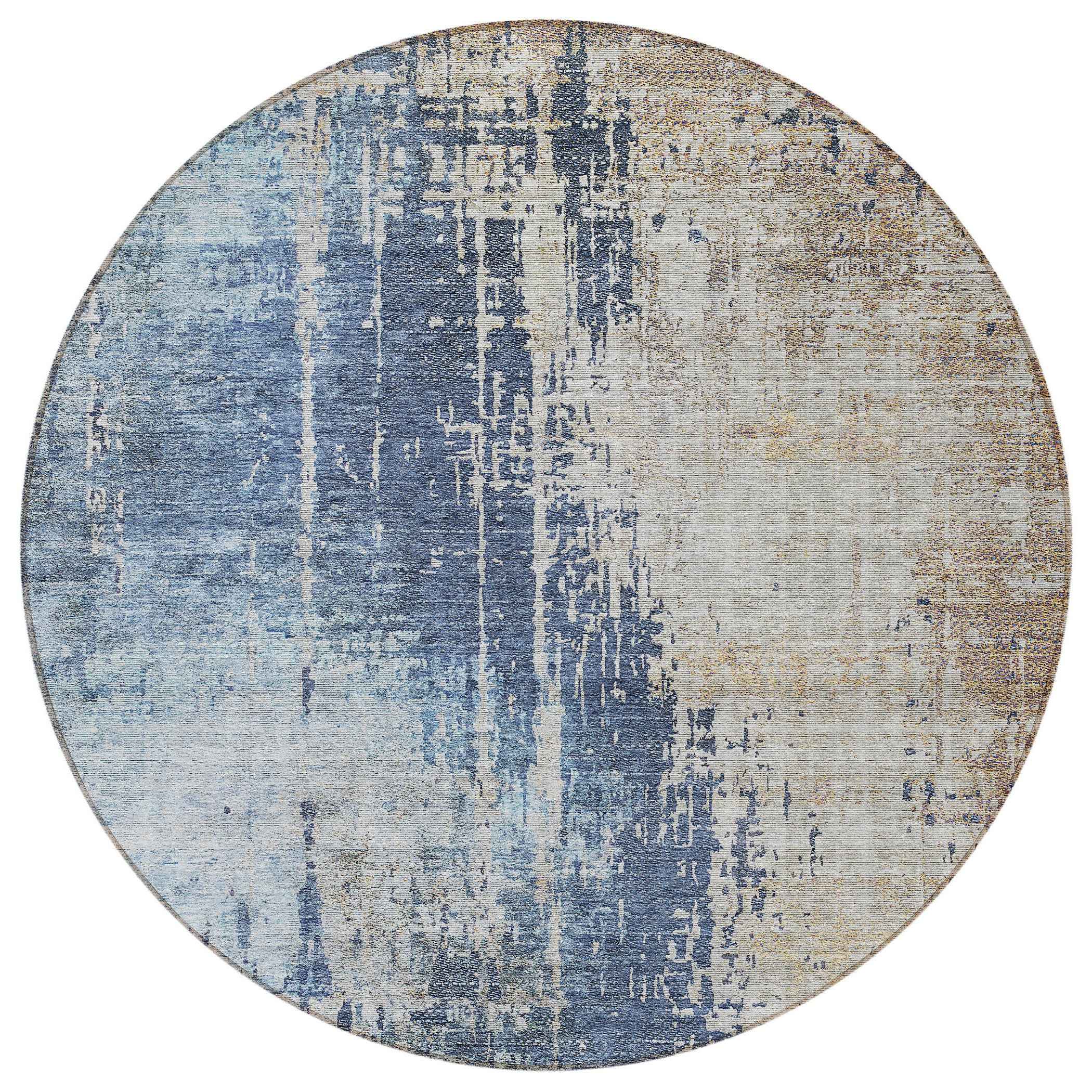 8' Navy Blue And Taupe Round Abstract Washable Indoor Outdoor Area Rug