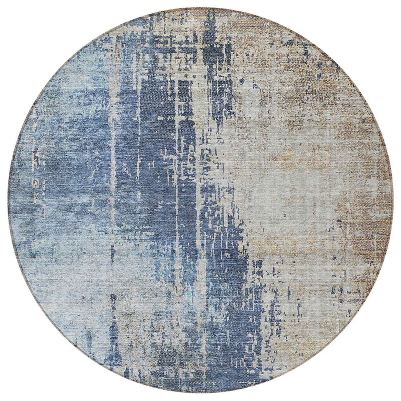 8' Navy Blue And Taupe Round Abstract Washable Indoor Outdoor Area Rug