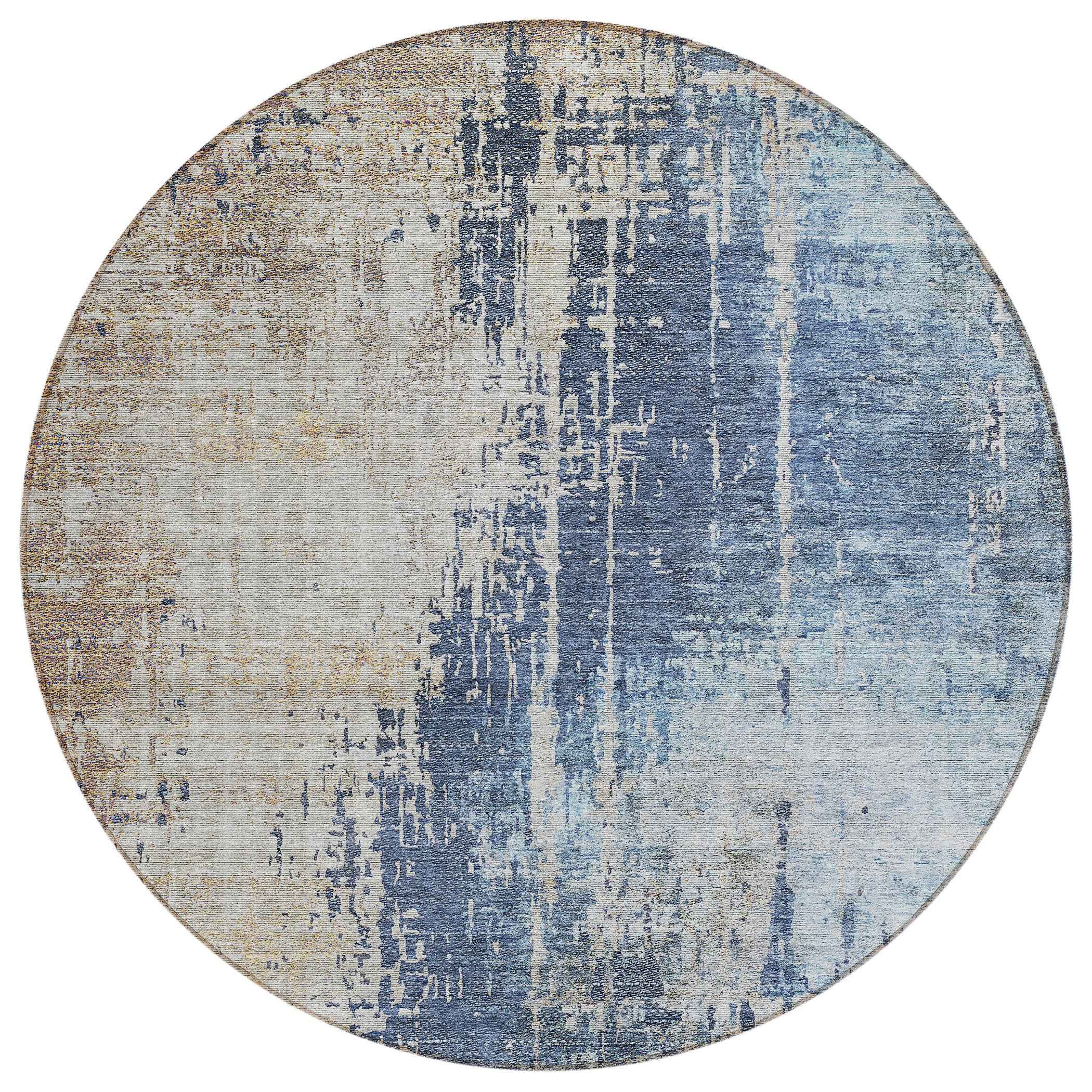 8' Navy Blue And Taupe Round Abstract Washable Indoor Outdoor Area Rug