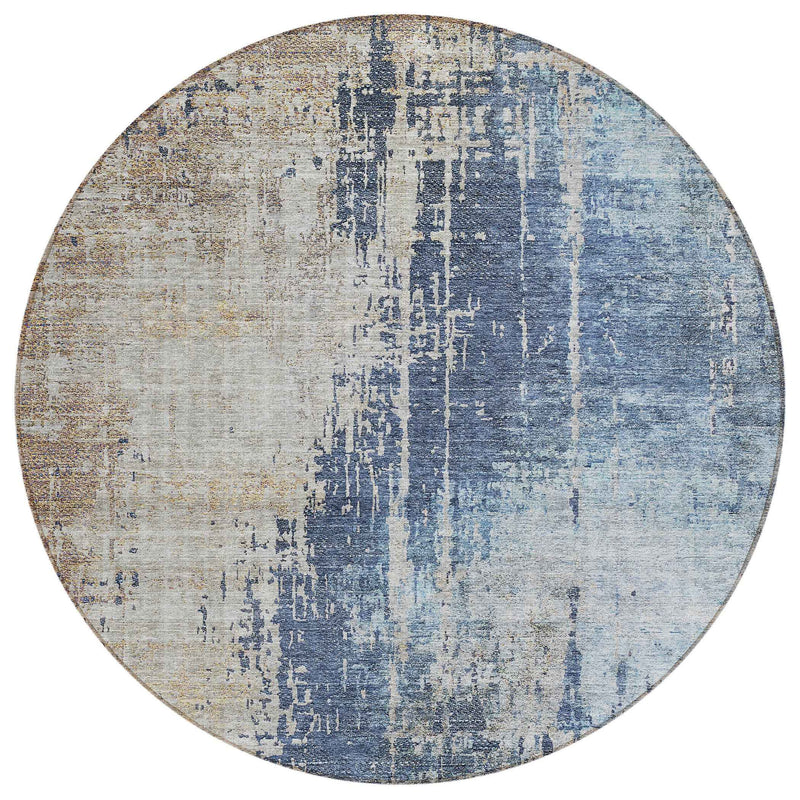 8' Navy Blue And Taupe Round Abstract Washable Indoor Outdoor Area Rug