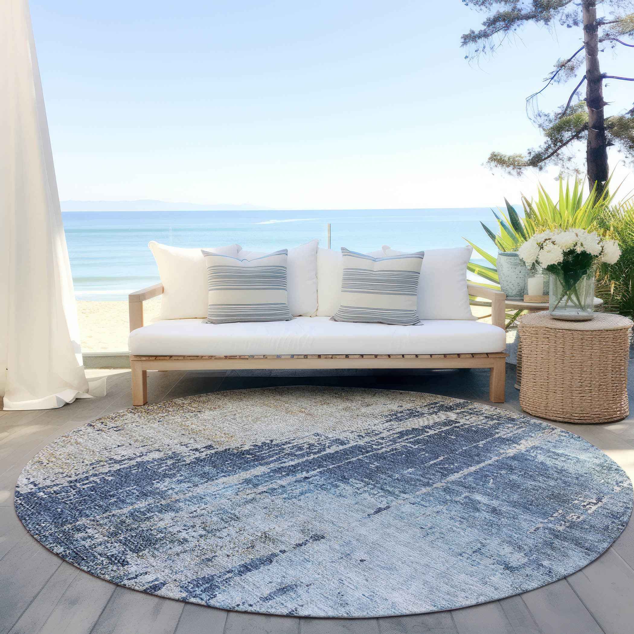 8' Navy Blue And Taupe Round Abstract Washable Indoor Outdoor Area Rug