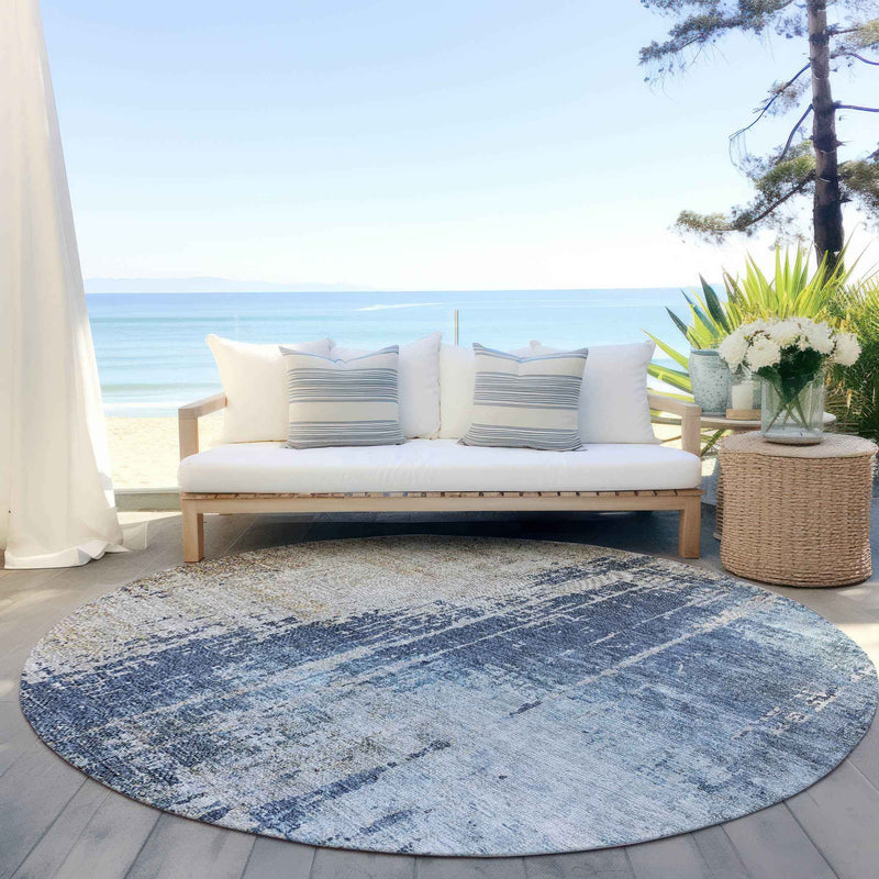 8' Navy Blue And Taupe Round Abstract Washable Indoor Outdoor Area Rug