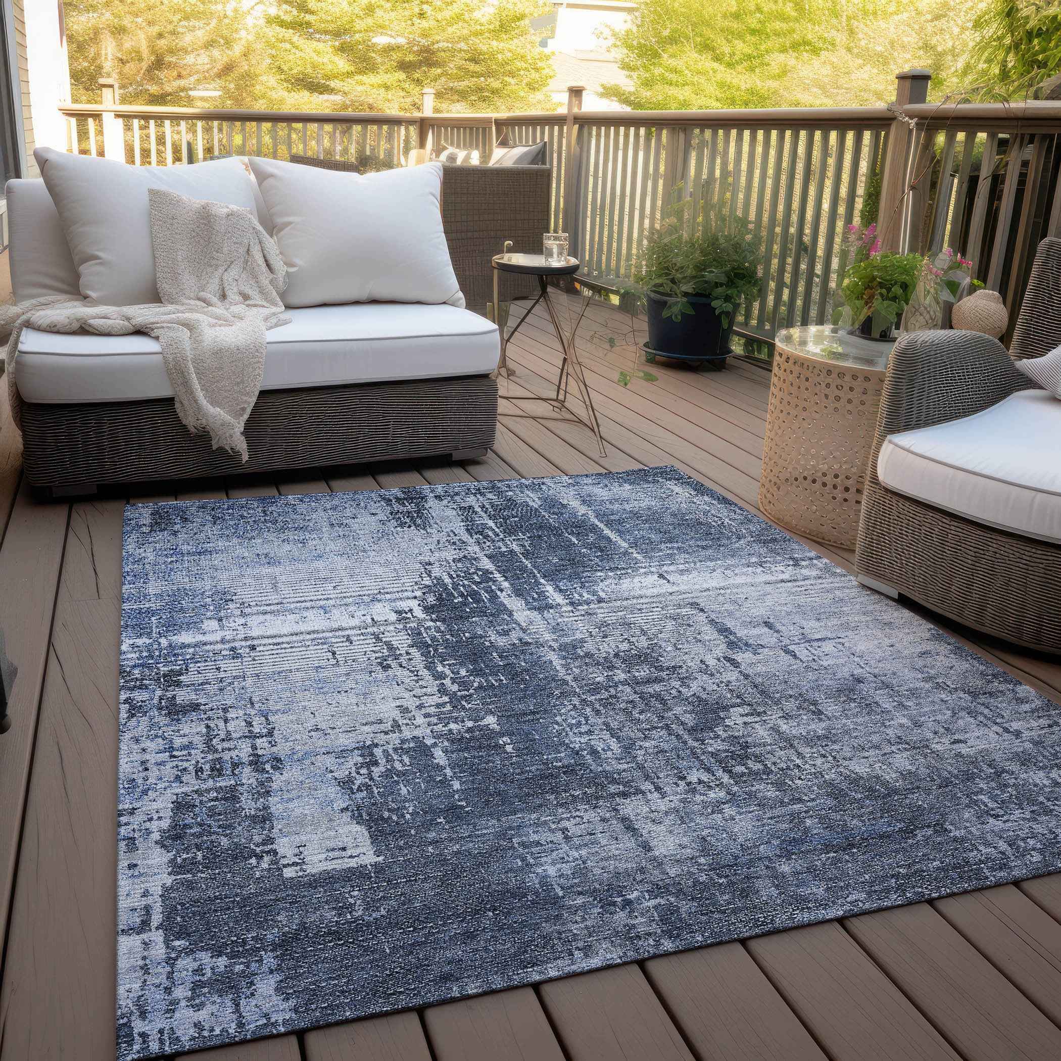 3' X 5' Navy Blue And Sky Blue Abstract Washable Indoor Outdoor Area Rug