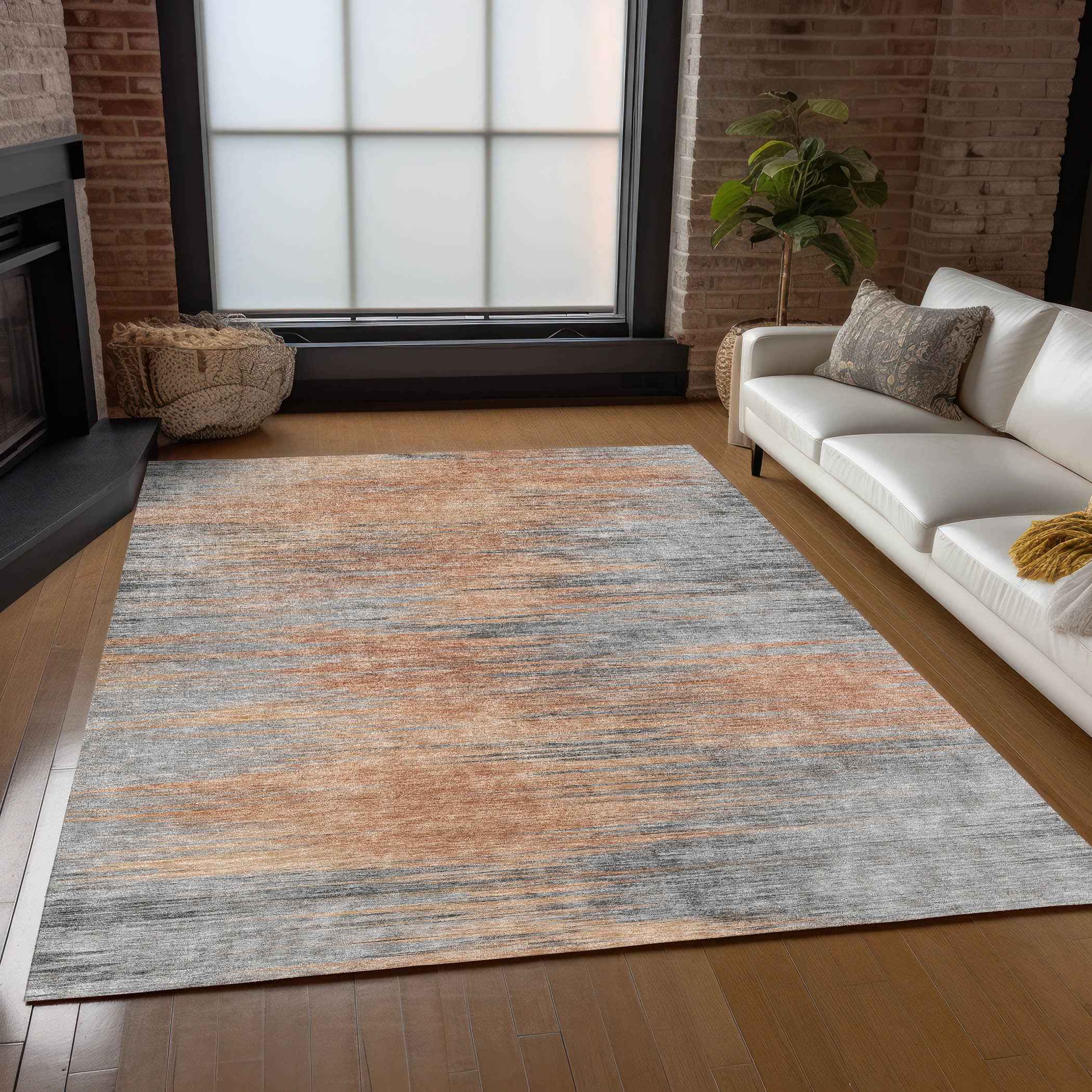 3' X 5' Salmon Gray And Charcoal Abstract Washable Indoor Outdoor Area Rug
