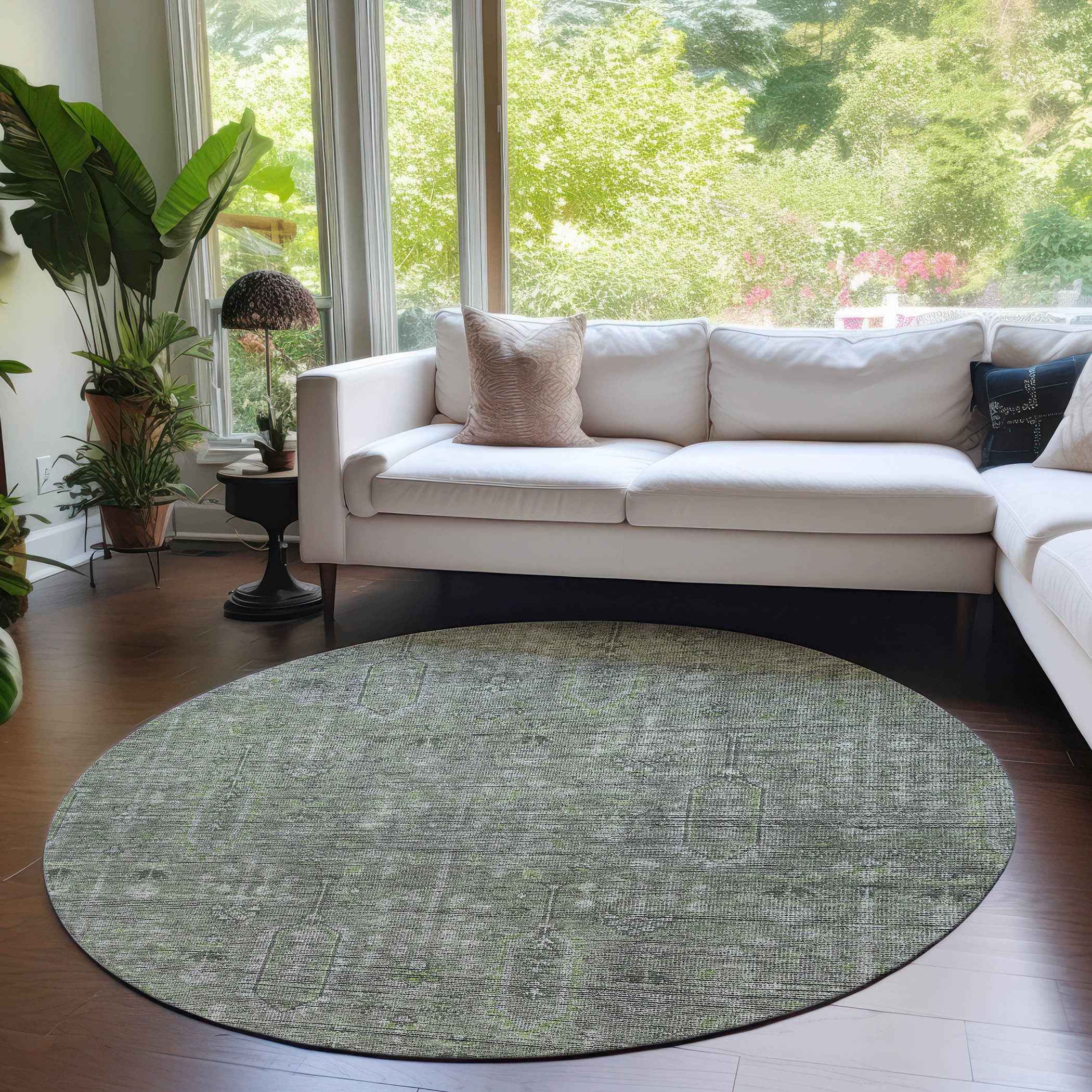8' Fern Green And Gray Round Southwestern Washable Indoor Outdoor Area Rug