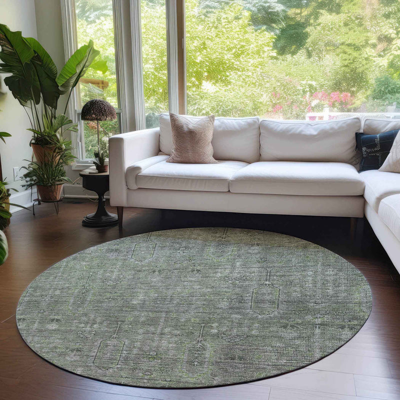 8' Fern Green And Gray Round Southwestern Washable Indoor Outdoor Area Rug