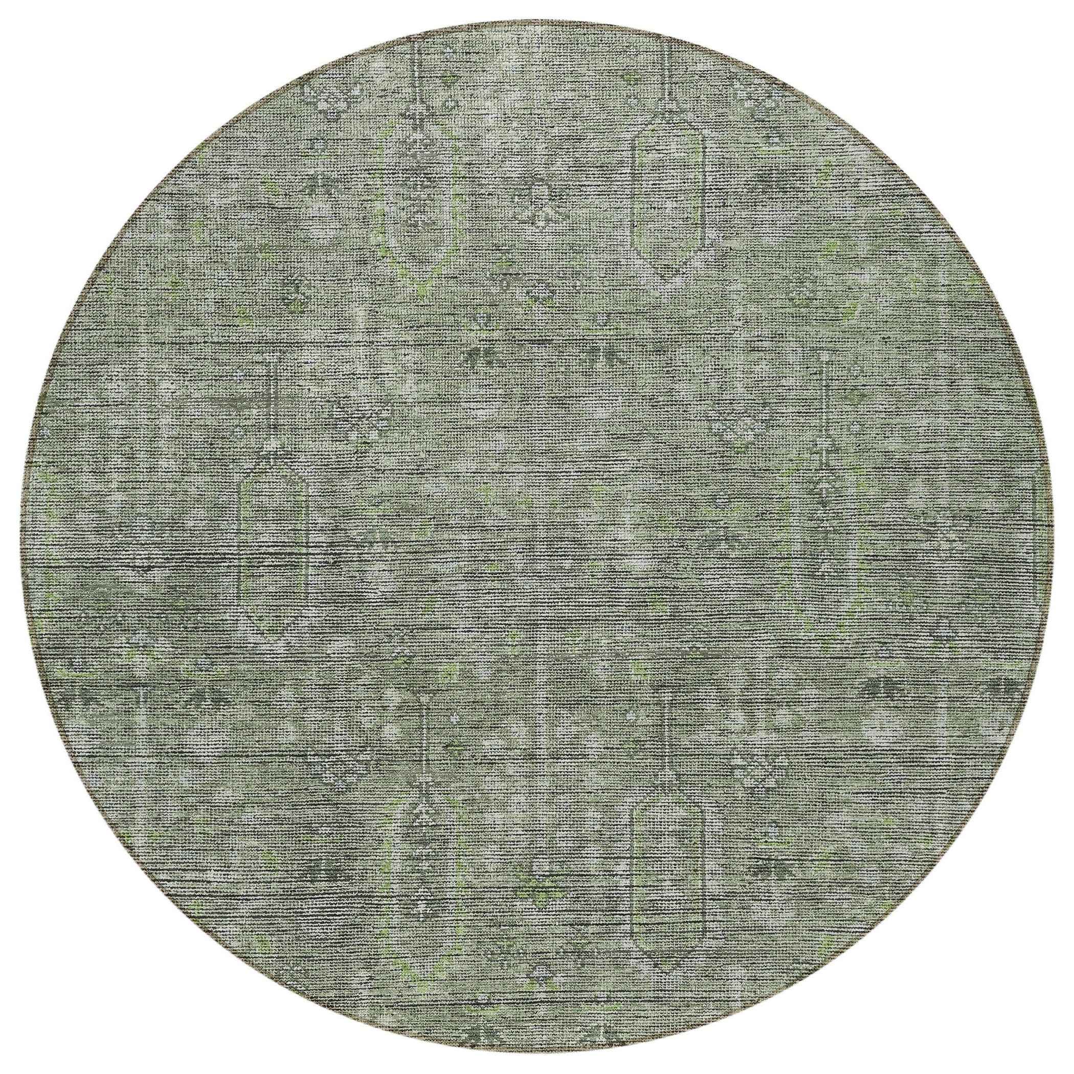 8' Fern Green And Gray Round Southwestern Washable Indoor Outdoor Area Rug