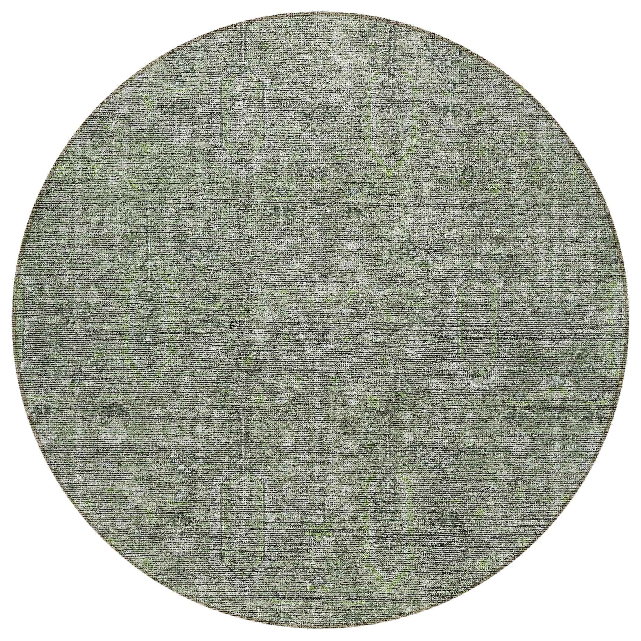 8' Fern Green And Gray Round Southwestern Washable Indoor Outdoor Area Rug