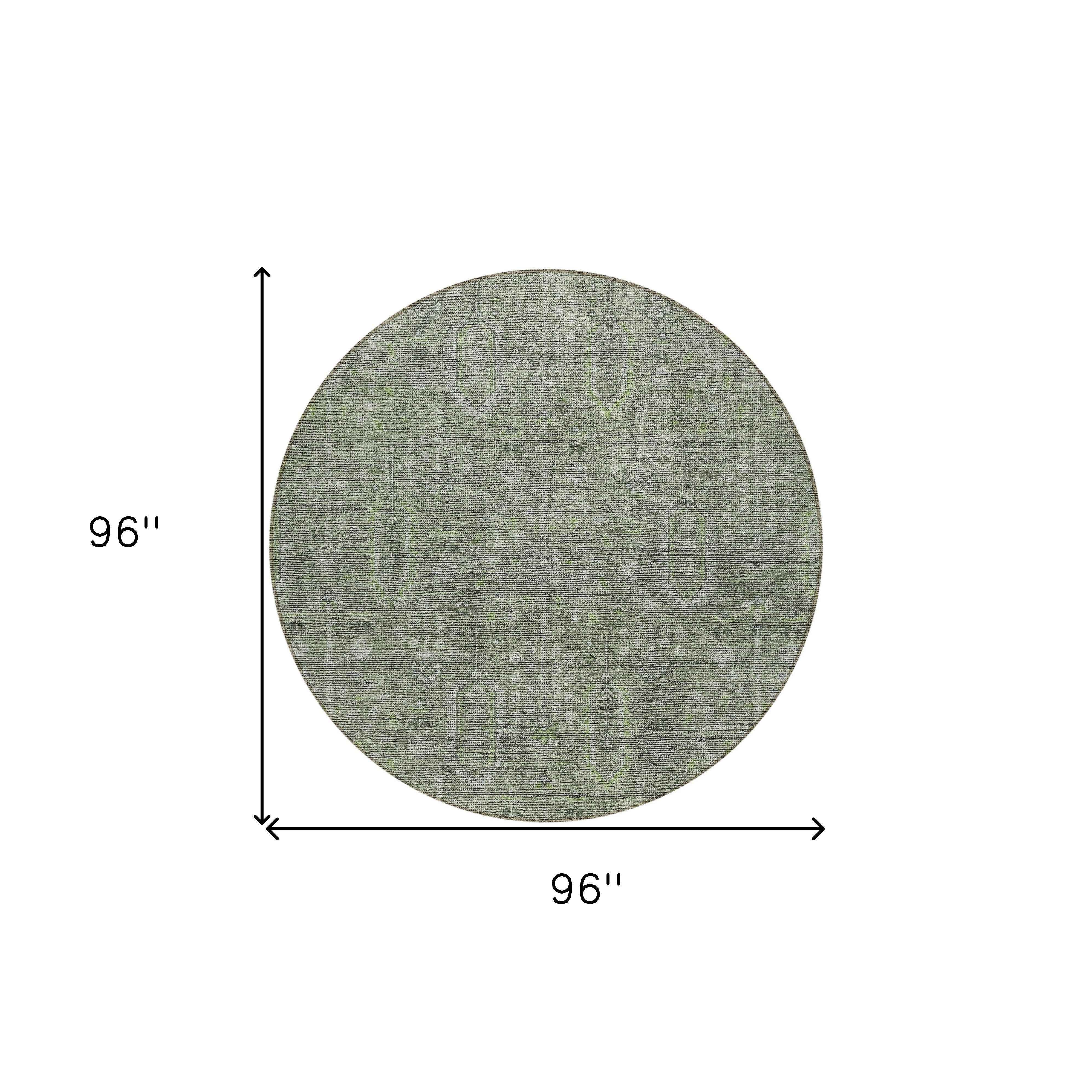 8' Fern Green And Gray Round Southwestern Washable Indoor Outdoor Area Rug