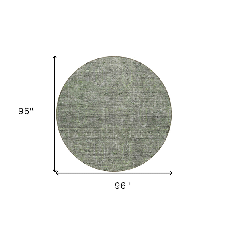 8' Fern Green And Gray Round Southwestern Washable Indoor Outdoor Area Rug