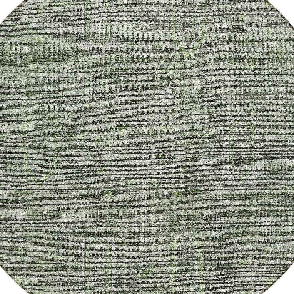 8' Fern Green And Gray Round Southwestern Washable Indoor Outdoor Area Rug