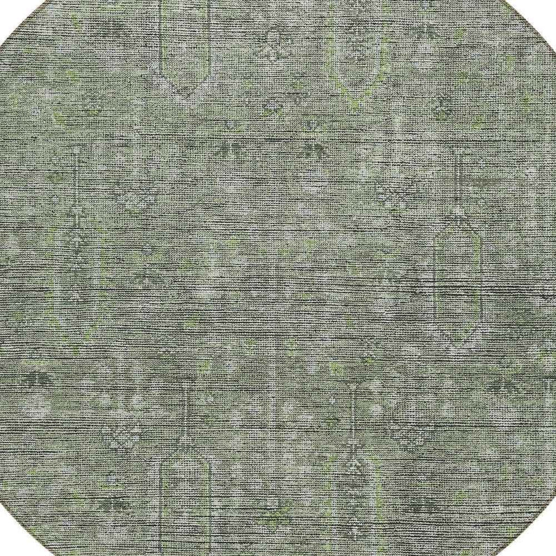 8' Fern Green And Gray Round Southwestern Washable Indoor Outdoor Area Rug