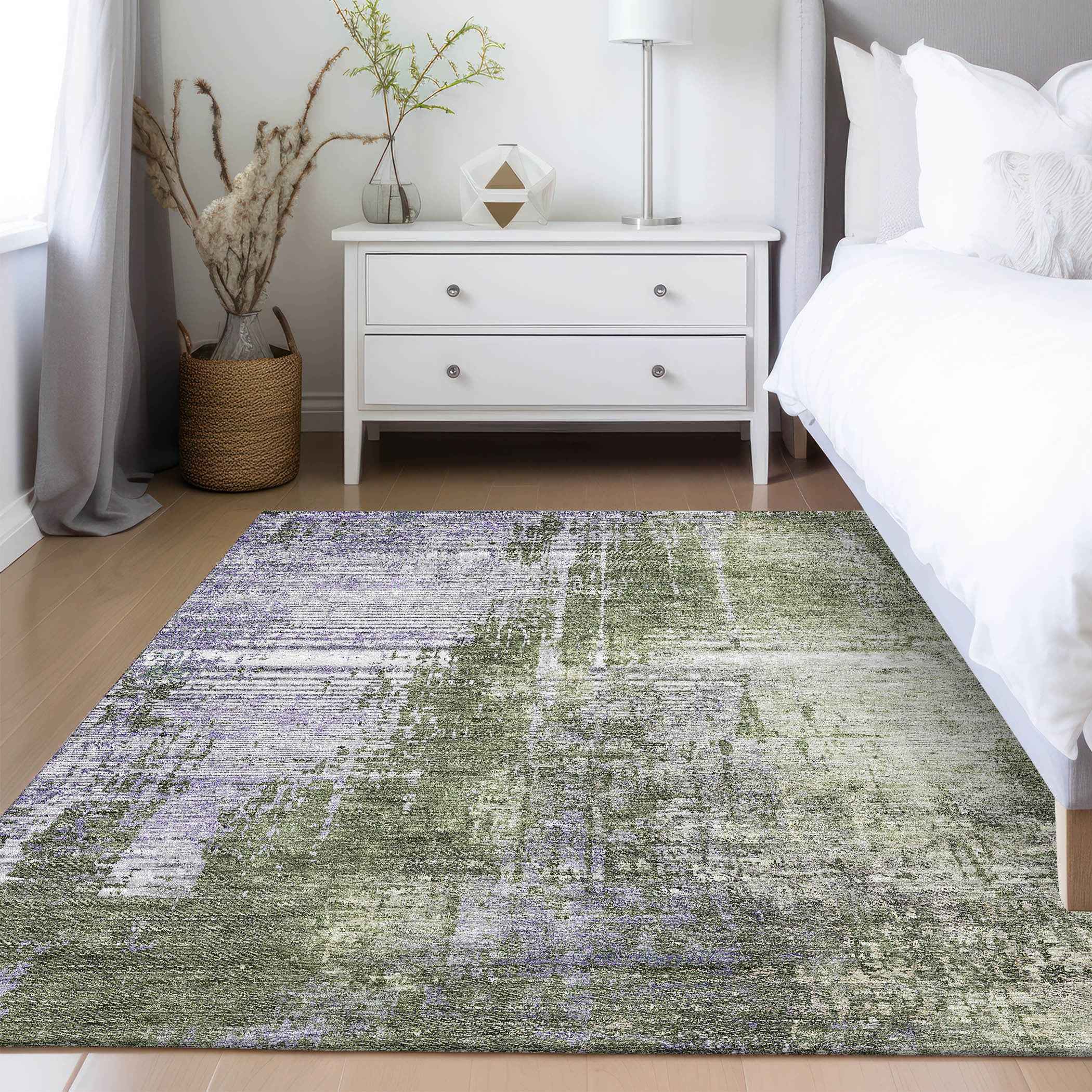 10' X 14' Olive Green And Purple Abstract Washable Indoor Outdoor Area Rug