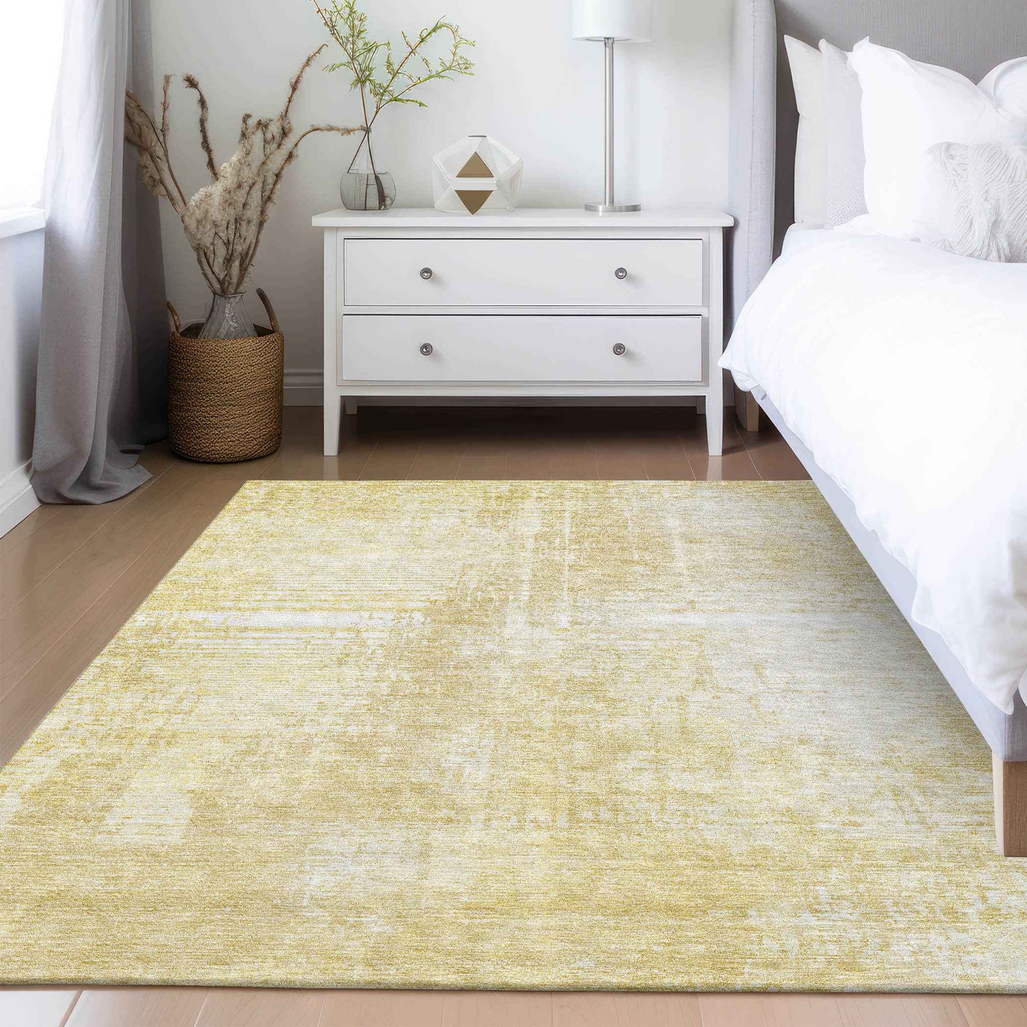 5' X 8' Gold Ivory And Beige Abstract Washable Indoor Outdoor Area Rug