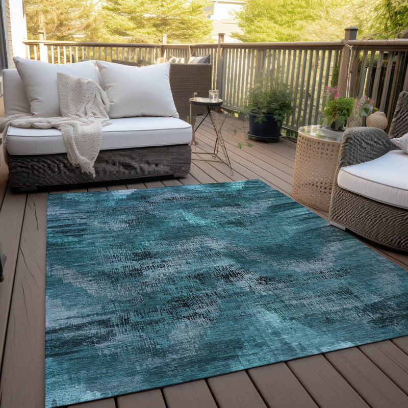 3' X 5' Teal Blue Aqua And Gray Abstract Washable Indoor Outdoor Area Rug