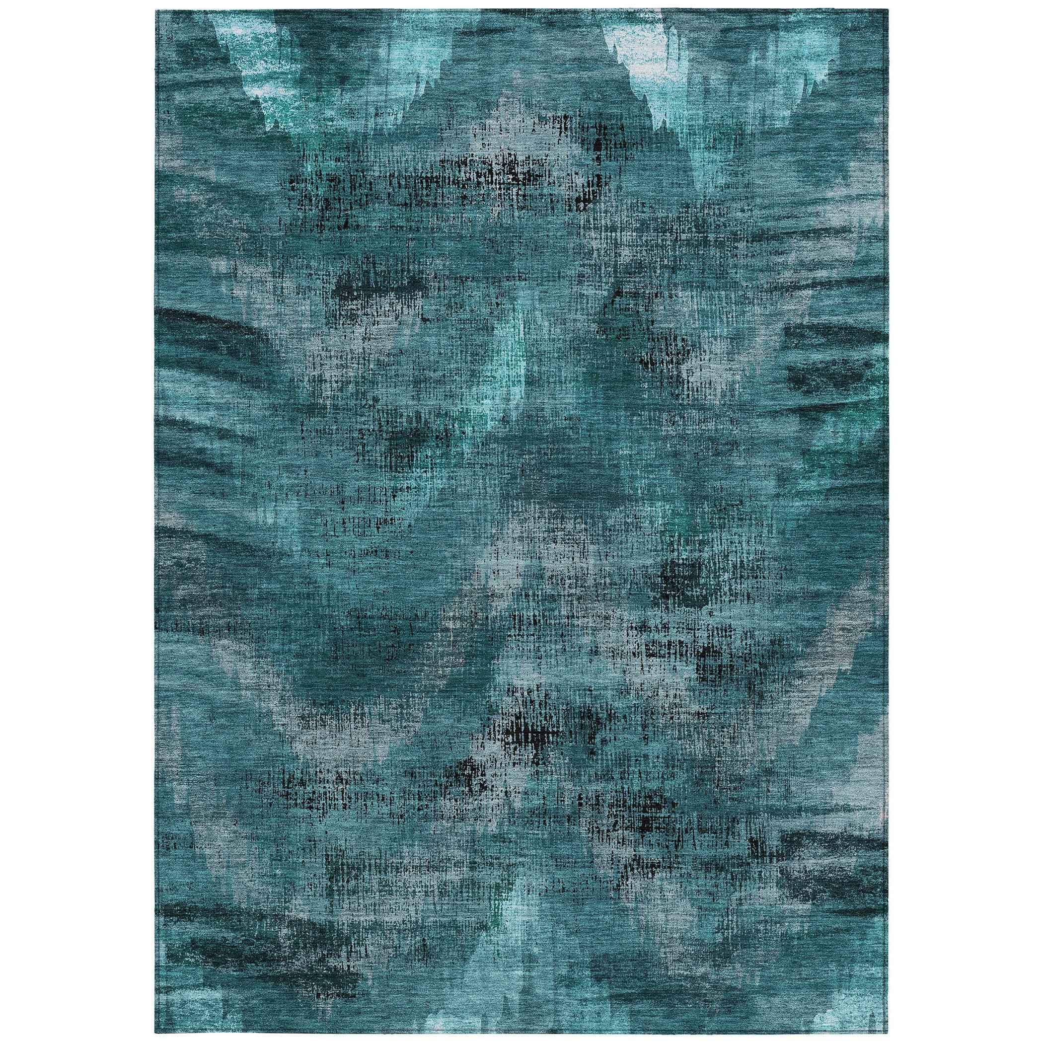 3' X 5' Teal Blue Aqua And Gray Abstract Washable Indoor Outdoor Area Rug