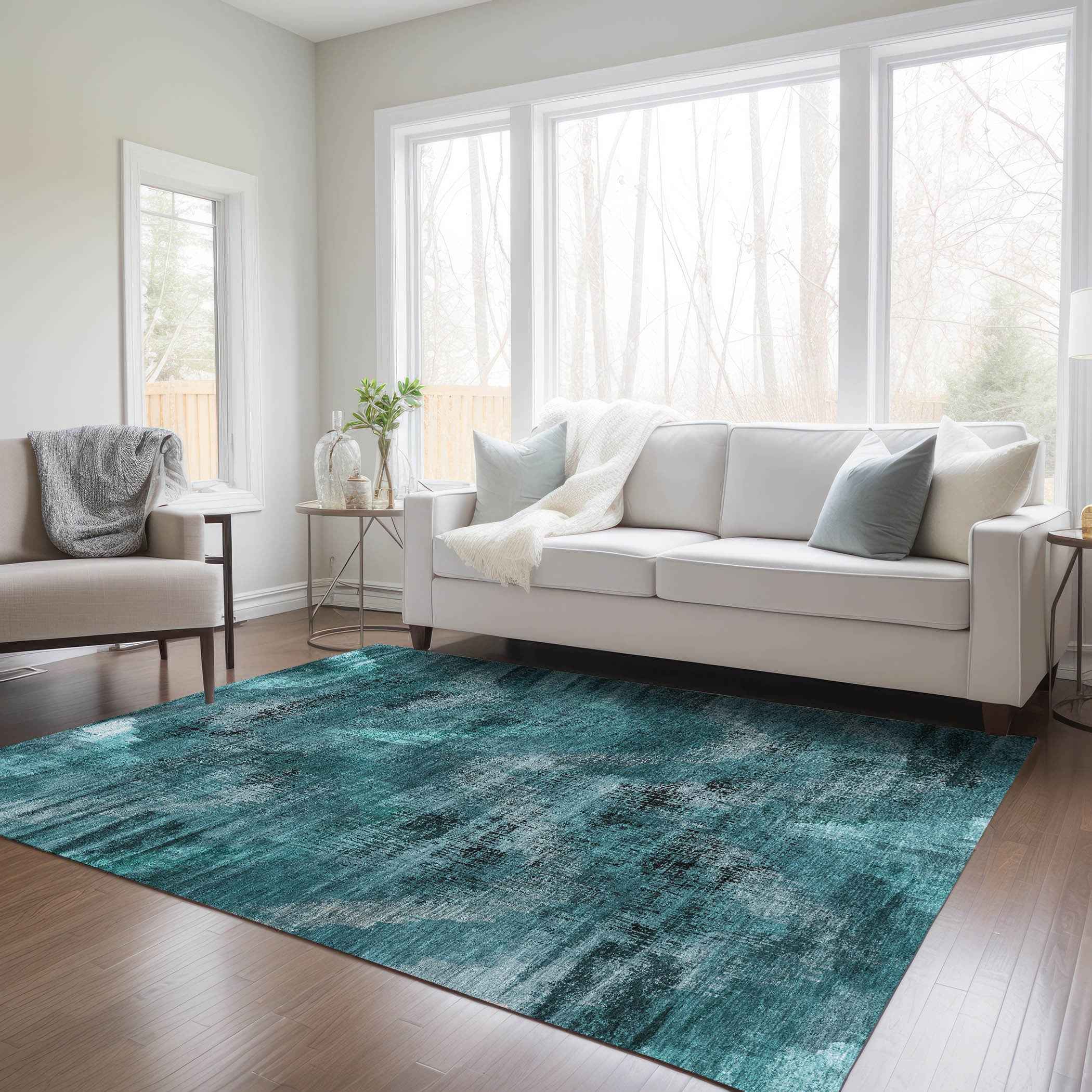 3' X 5' Teal Blue Aqua And Gray Abstract Washable Indoor Outdoor Area Rug