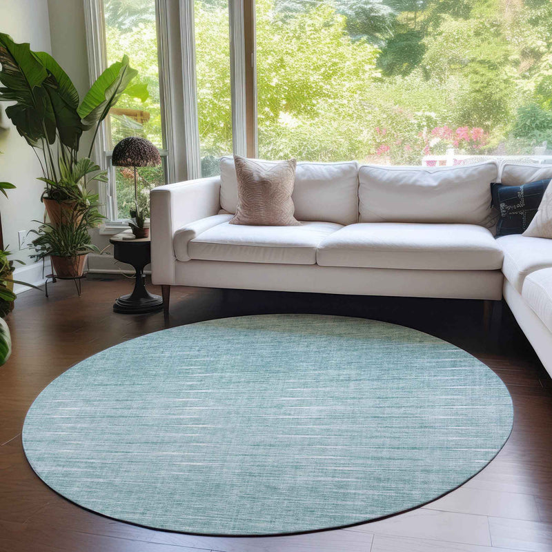 8' Aqua And Ivory Round Abstract Washable Indoor Outdoor Area Rug