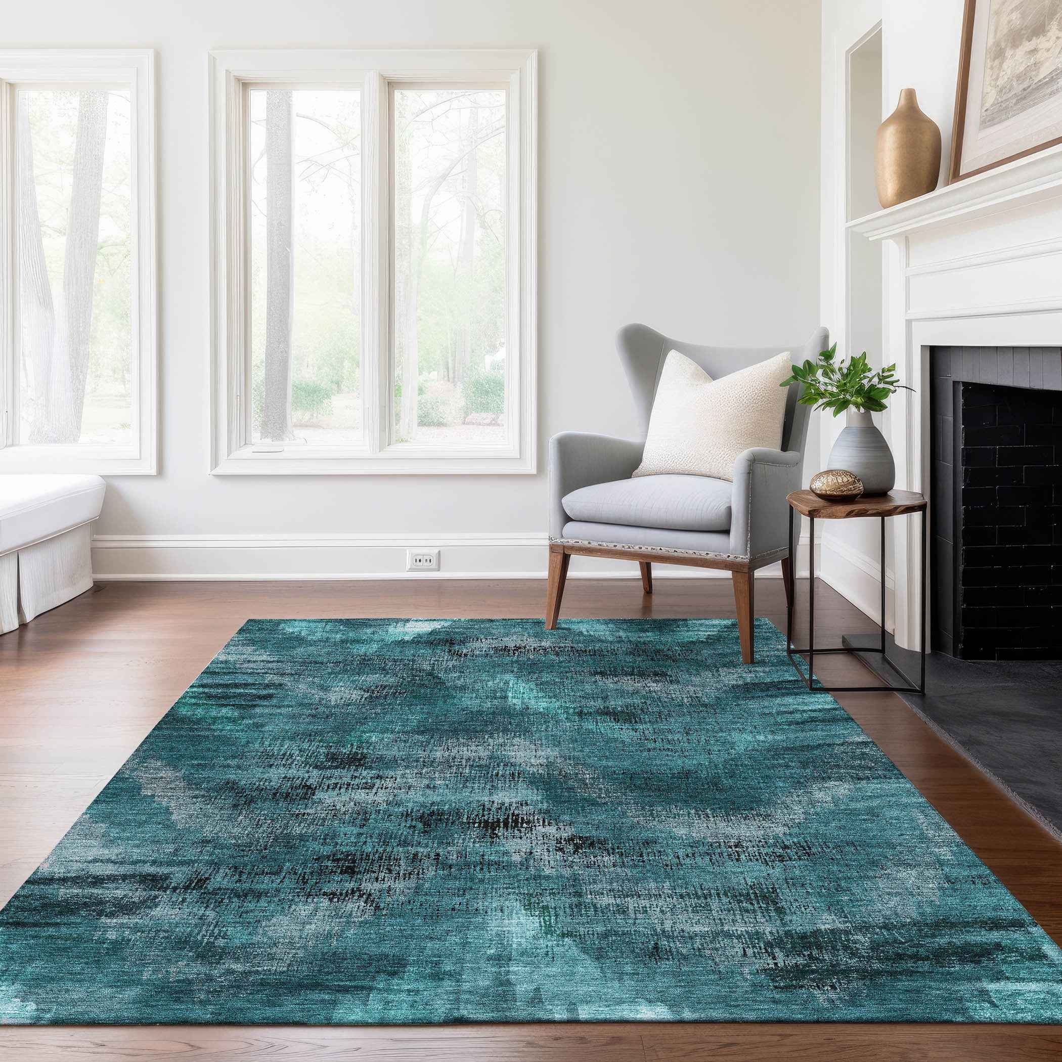 9' X 12' Teal Blue Aqua And Gray Abstract Washable Indoor Outdoor Area Rug