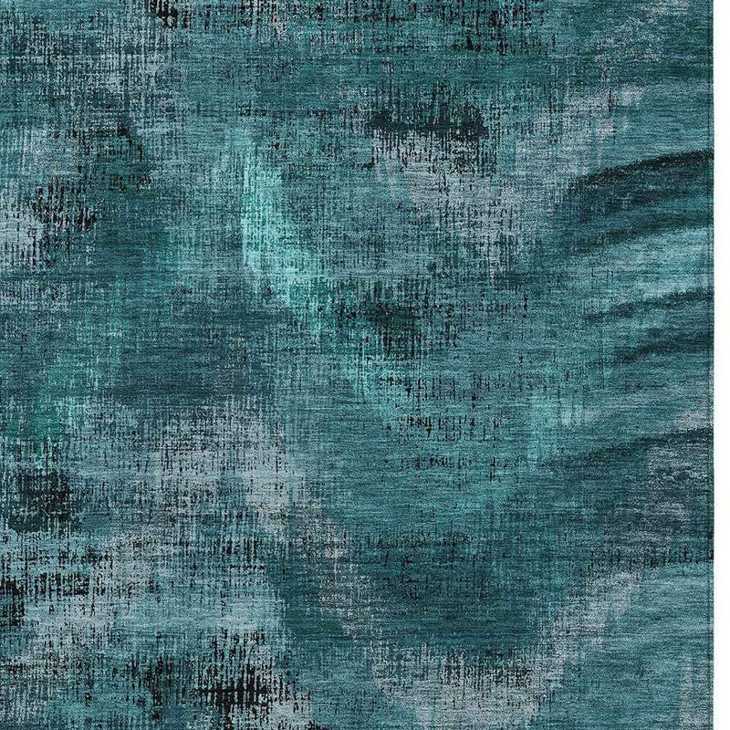 9' X 12' Teal Blue Aqua And Gray Abstract Washable Indoor Outdoor Area Rug