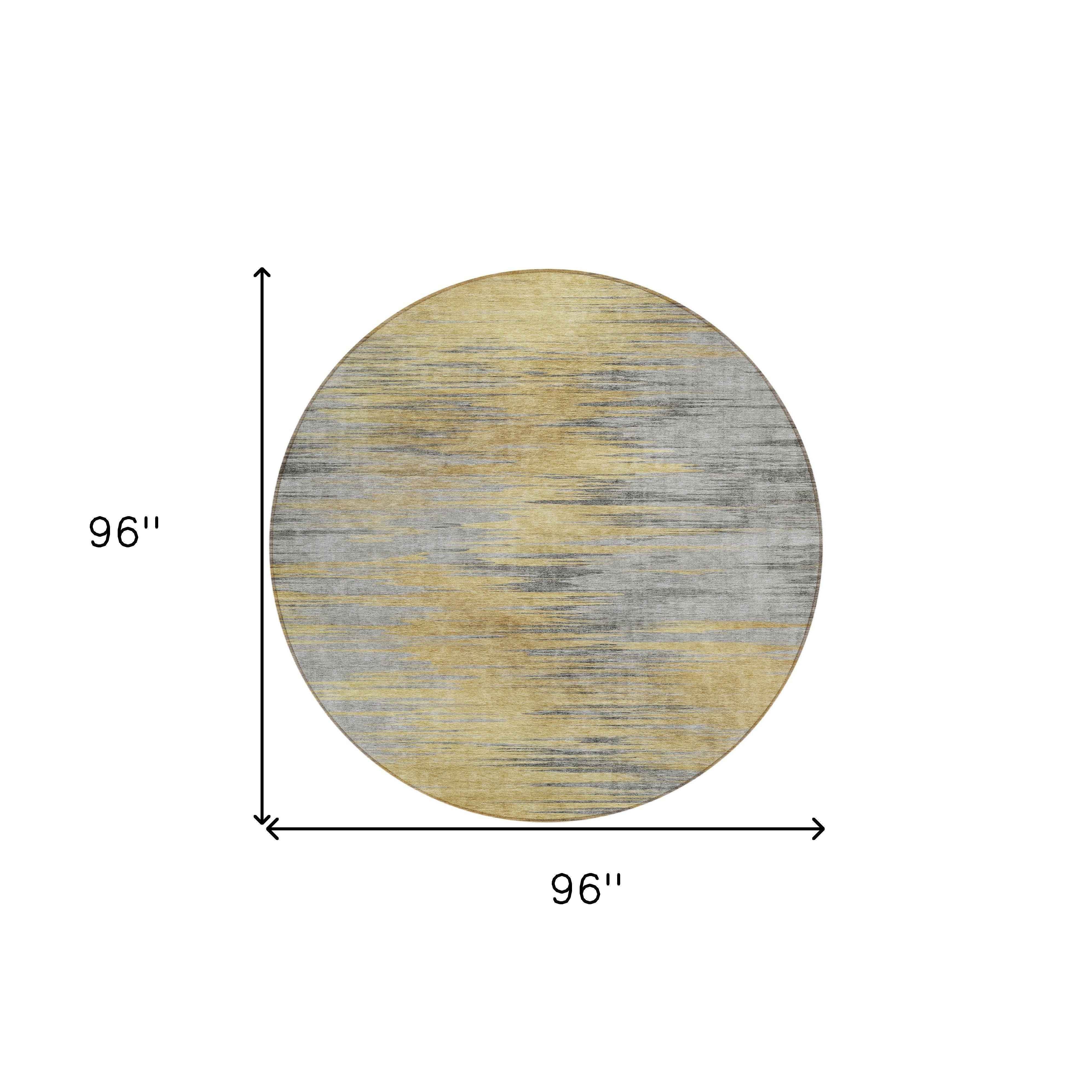 8' Gold Gray And Charcoal Round Abstract Washable Indoor Outdoor Area Rug