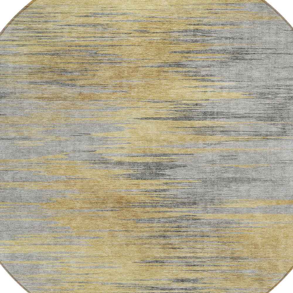 8' Gold Gray And Charcoal Round Abstract Washable Indoor Outdoor Area Rug