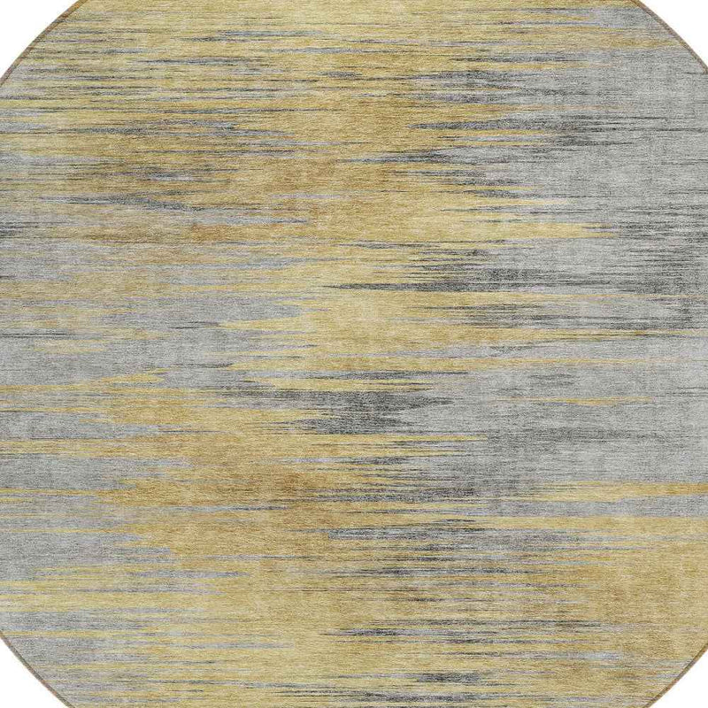 8' Gold Gray And Charcoal Round Abstract Washable Indoor Outdoor Area Rug