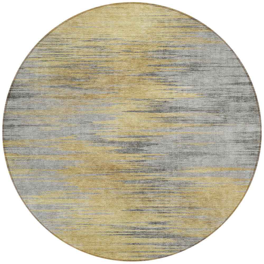 8' Gold Gray And Charcoal Round Abstract Washable Indoor Outdoor Area Rug