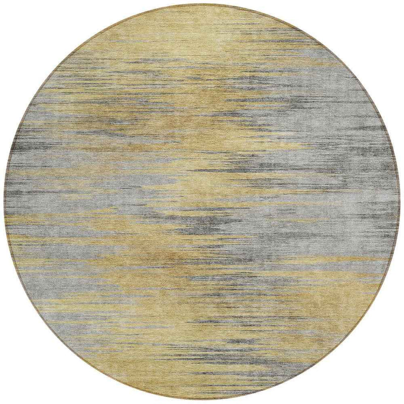 8' Gold Gray And Charcoal Round Abstract Washable Indoor Outdoor Area Rug