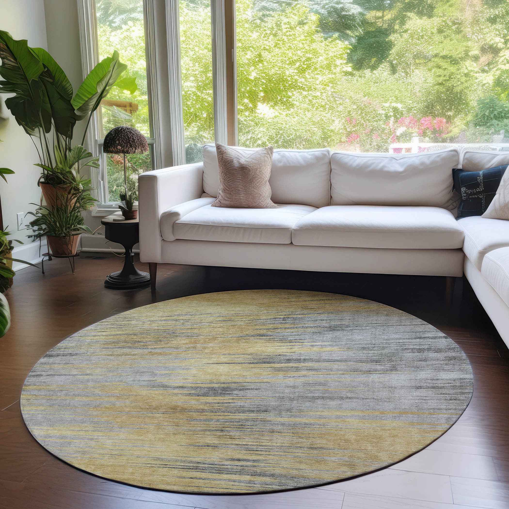 8' Gold Gray And Charcoal Round Abstract Washable Indoor Outdoor Area Rug